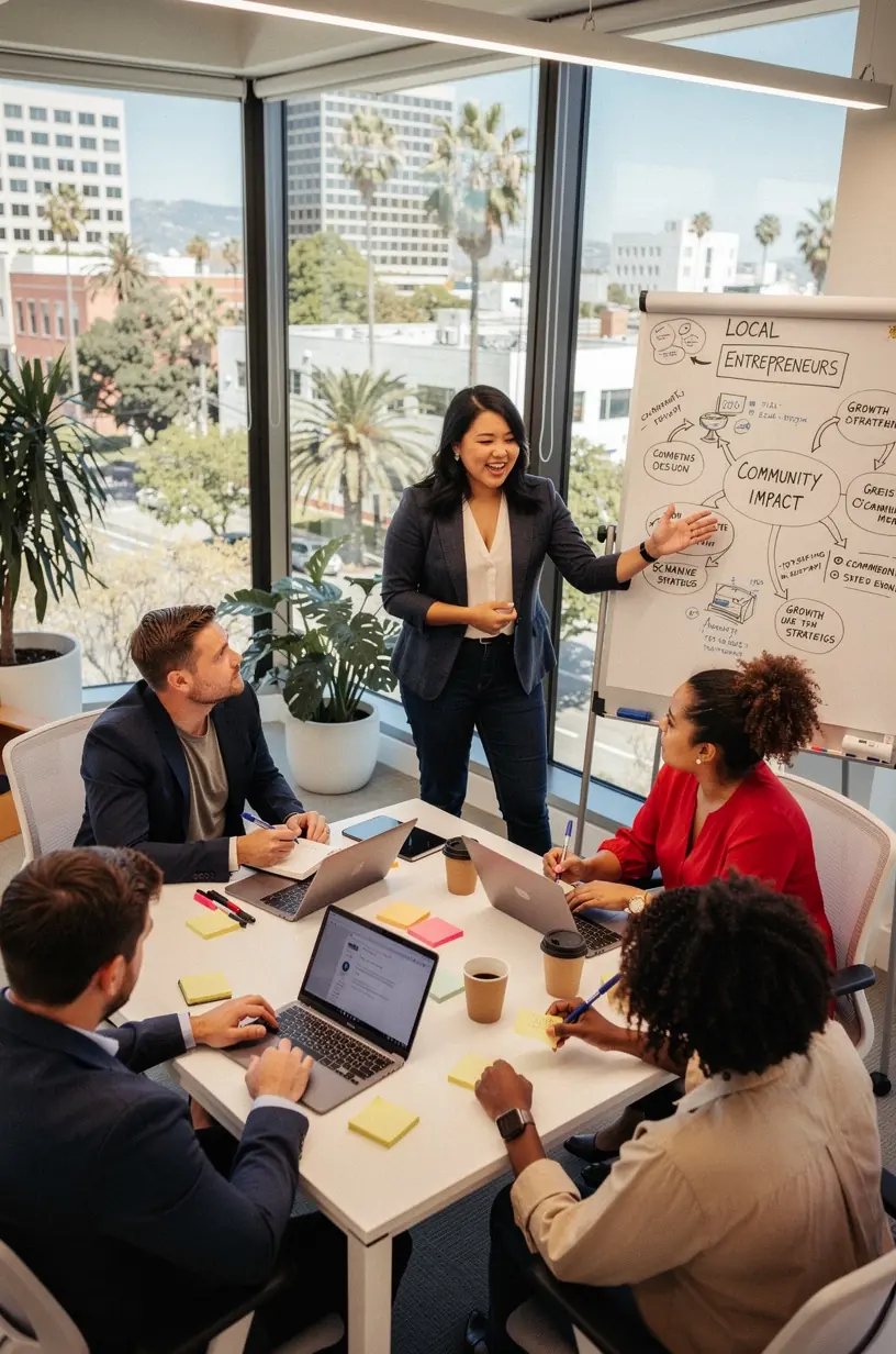 Group discussion in a modern office focusing on transparent communication and local issues.