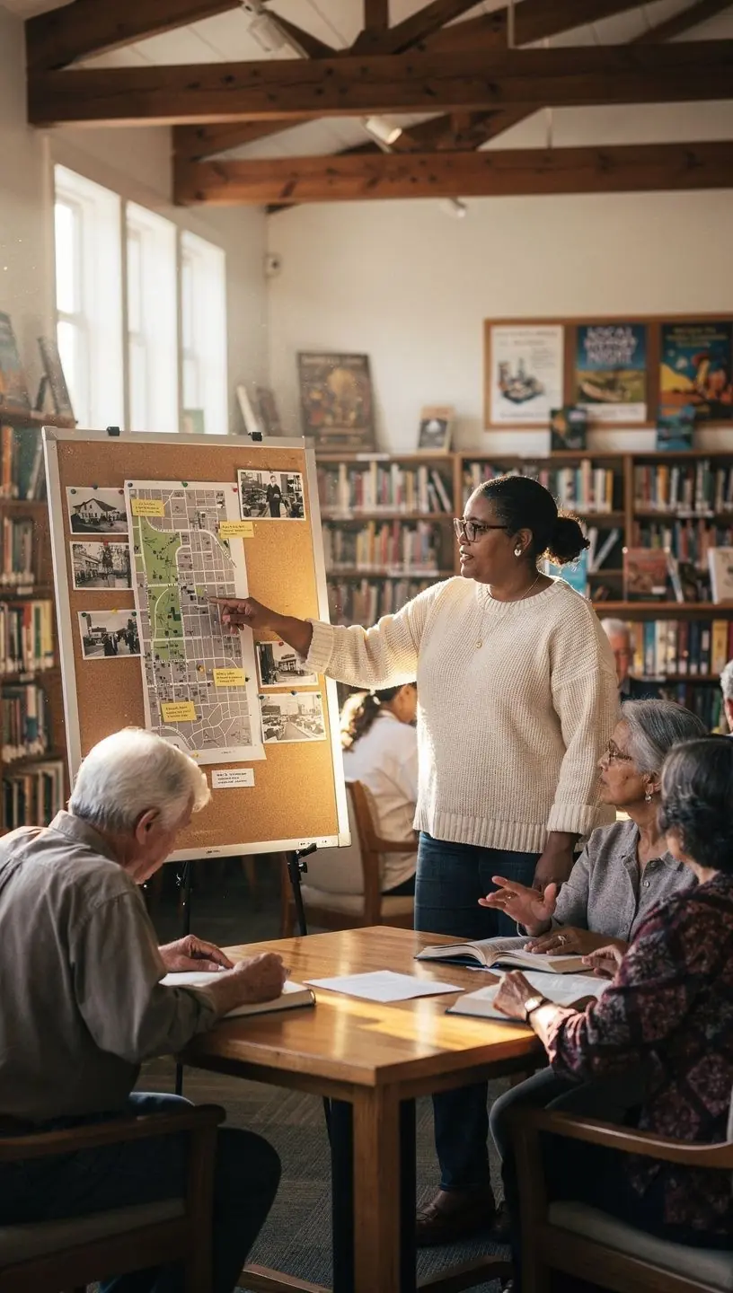 Diverse group of community members sharing insights in a neighborhood meeting.